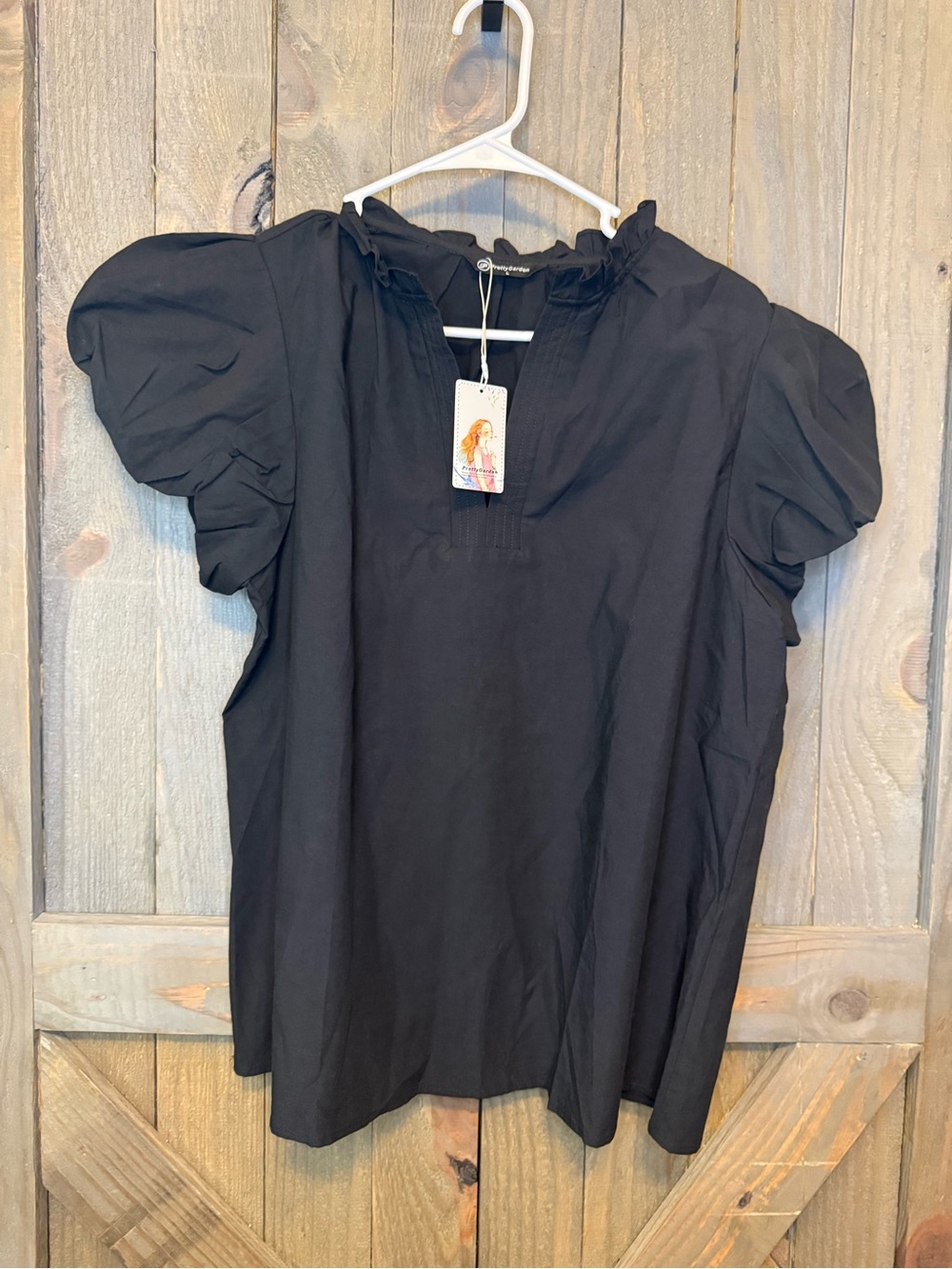 PRETTYGARDEN Black Ruffle Collar Puff Sleeve Blouse - Women's